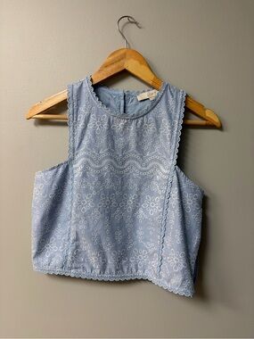 LOFT Pale Blue Eyelet Scallop Trim Crop Top